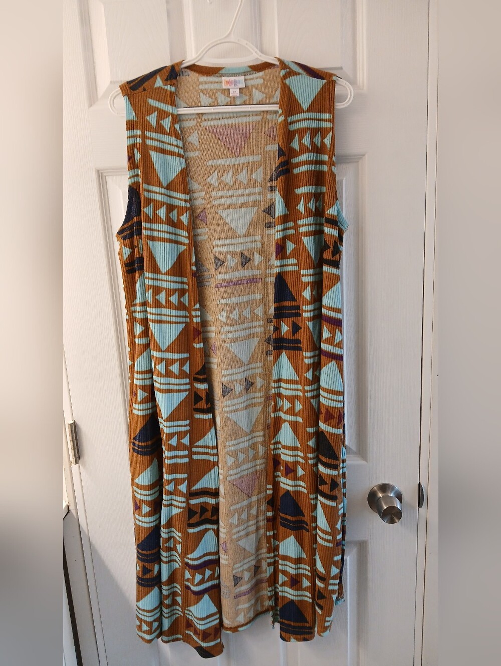 LuLaRoe Sleeveless Long Duster Vest – Aztec Boho Statement Layer – Size M